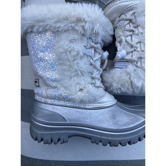LONDON FOG Girls Fur Winter Boots Sparkles Girls Size 2 White Gray Sequins - Picture 8 of 16